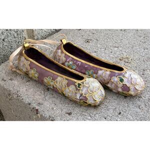 Vintage Pair Cloisonne Enamel Ballet Slippers Ornaments 4" Purple Gold Trim